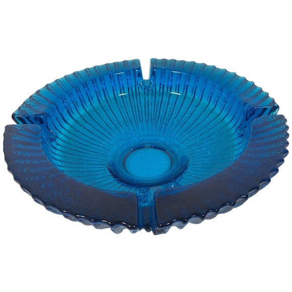 BLENKO Other - Blenko Label Mid Century Chunky Blue Sun Burst 4 Slot Ashtray 8.75 Inch Vintage‎
